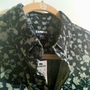 Express Men's Black Green Floral TailoredButton-Down Shirt Modern Event Corduroy